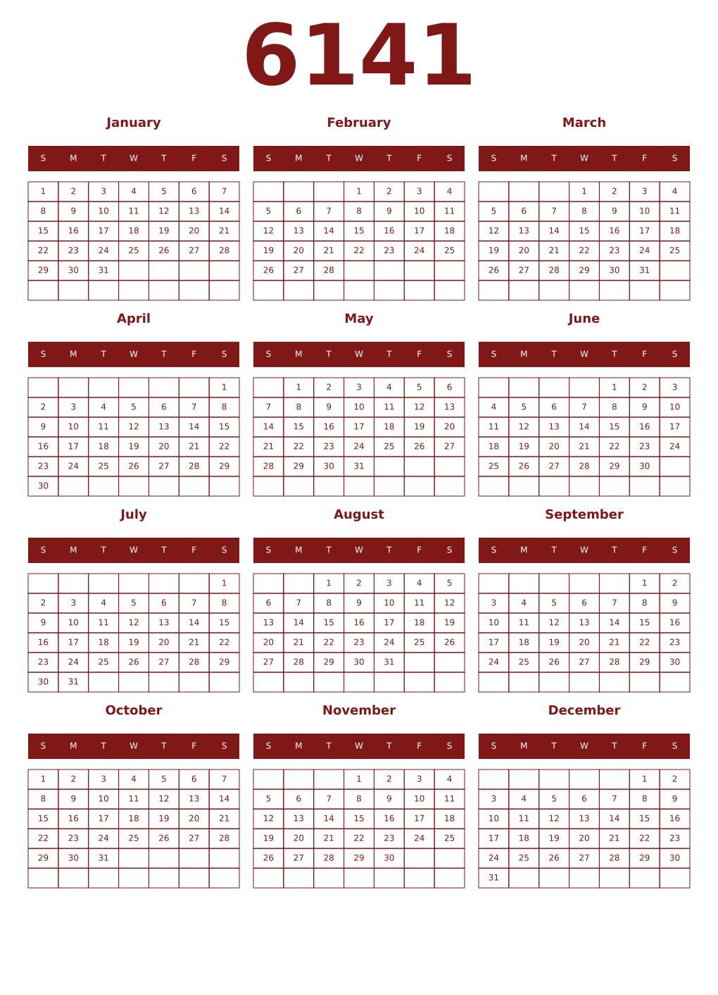 Printable 6141 Year Calendars falu