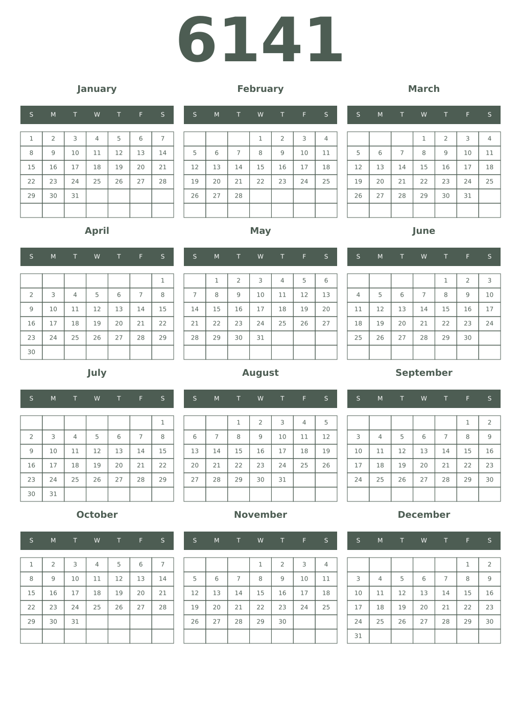 Printable 6141 Year Calendars feldgrau