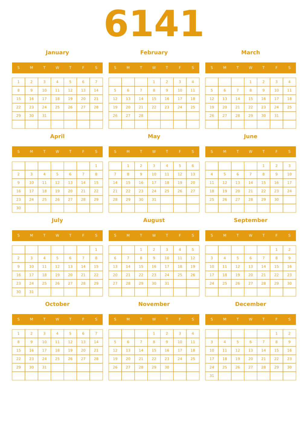 Printable 6141 Year Calendars gamboge