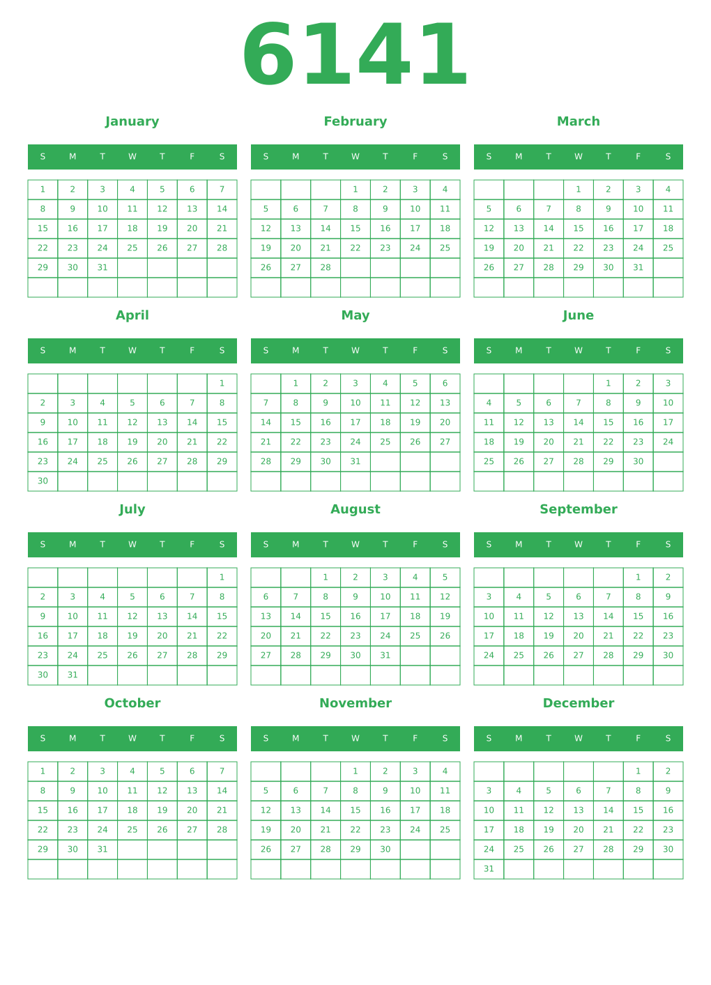 Printable 6141 Year Calendars green