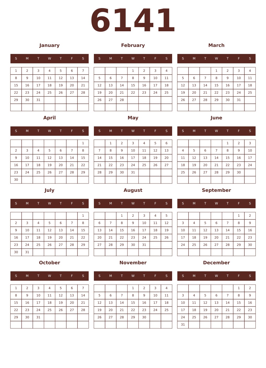 Printable 6141 Year Calendars mortuum