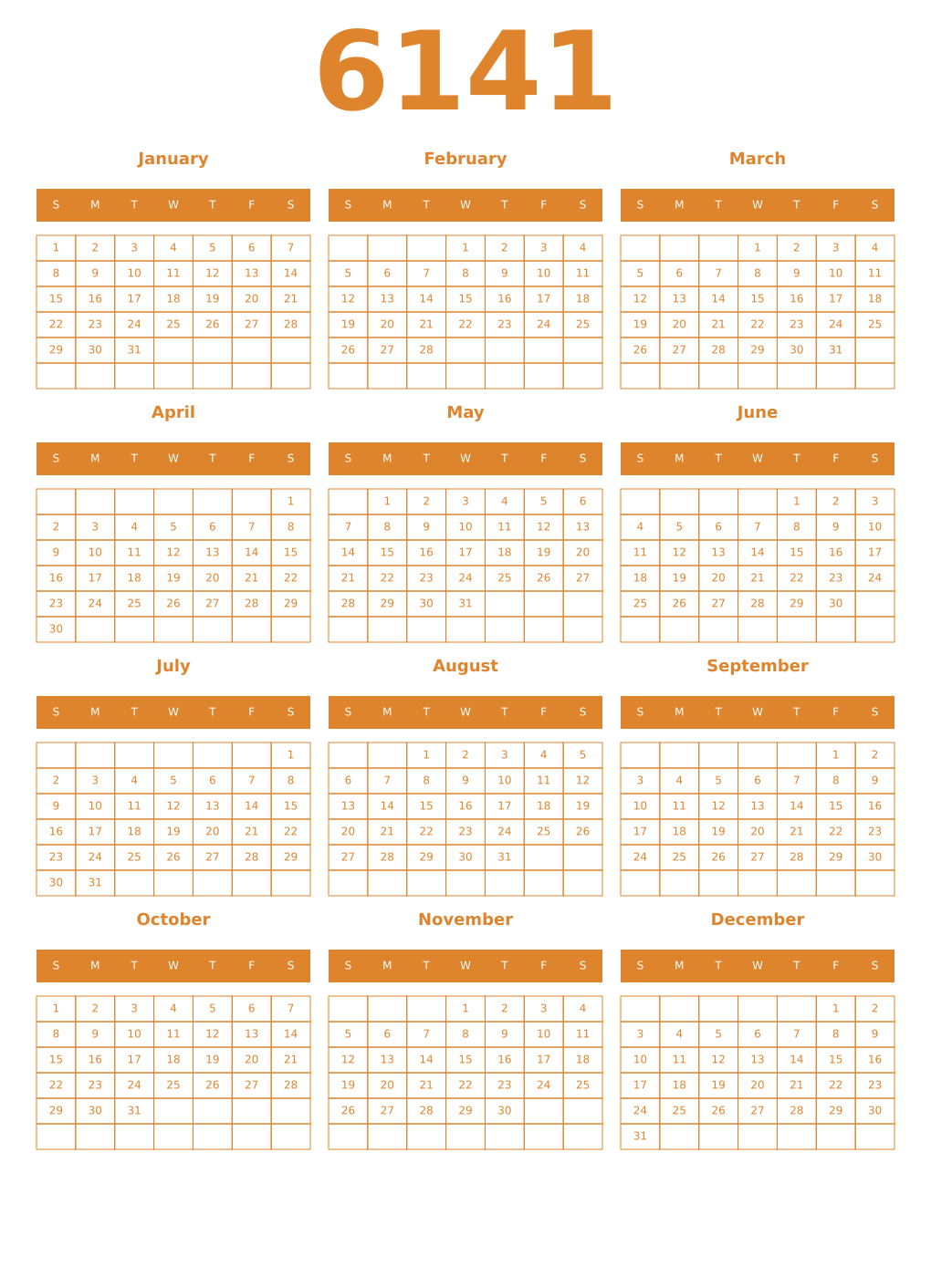 Printable 6141 Year Calendars orange