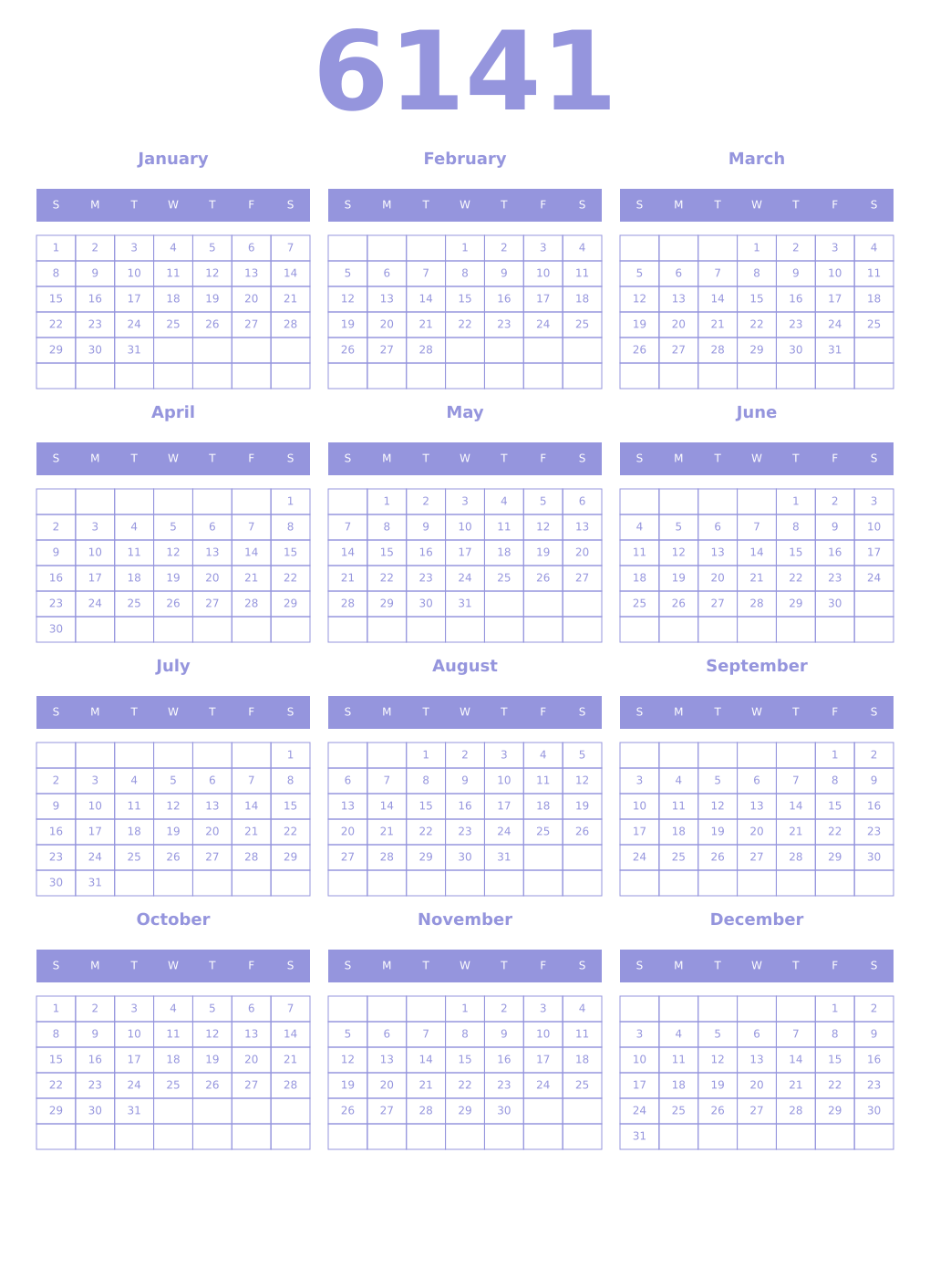 Printable 6141 Year Calendars periwinkle