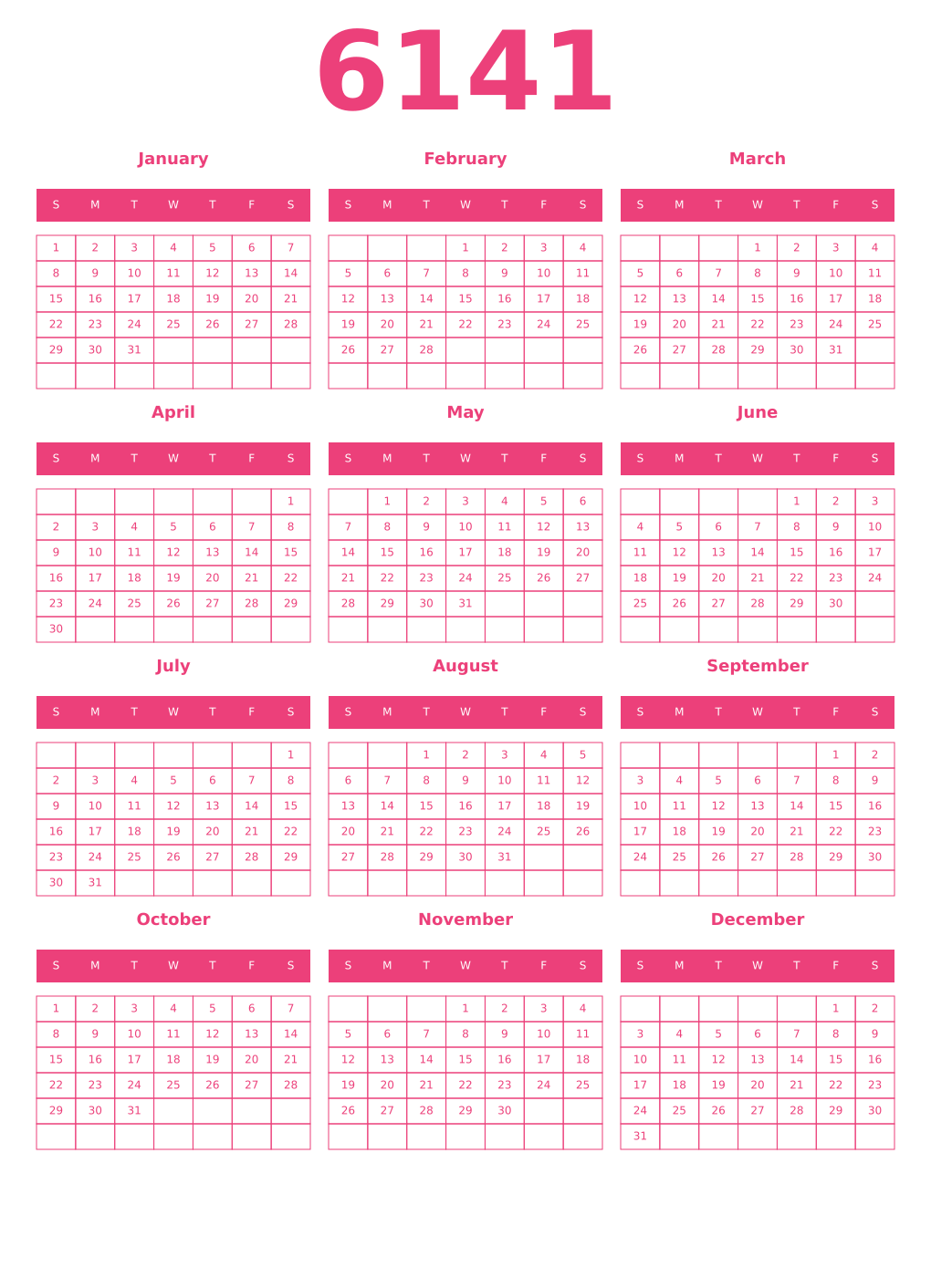 Printable 6141 Year Calendars pink