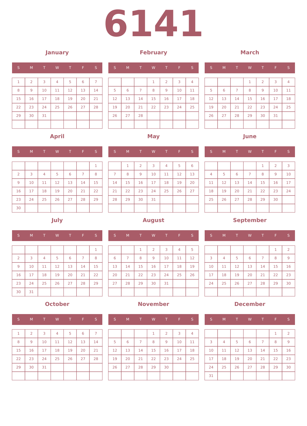 Printable 6141 Year Calendars puce