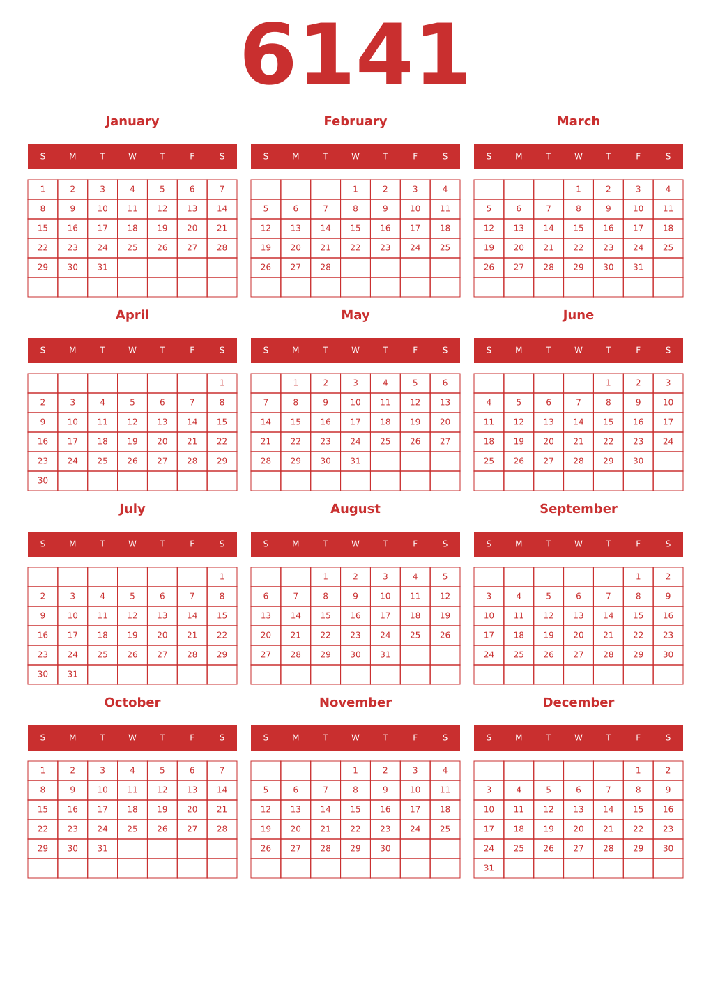 Printable 6141 Year Calendars red