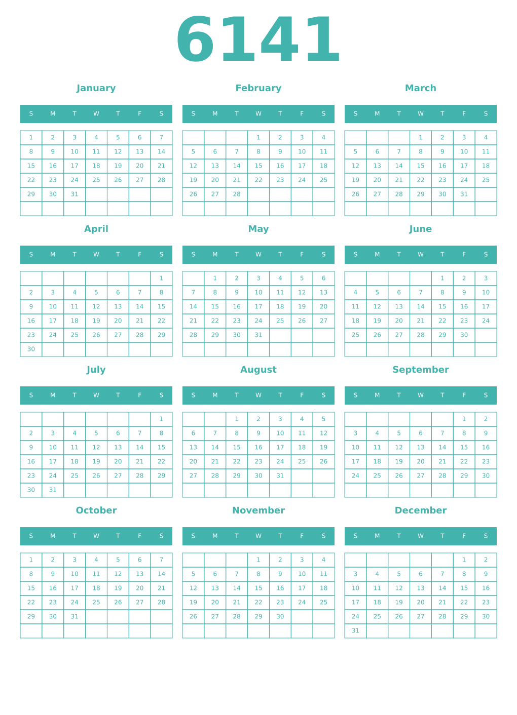 Printable 6141 Year Calendars verdigris