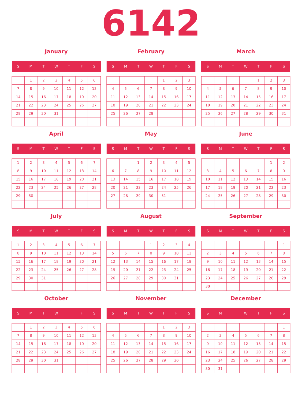 Printable 6142 Year Calendars amaranth