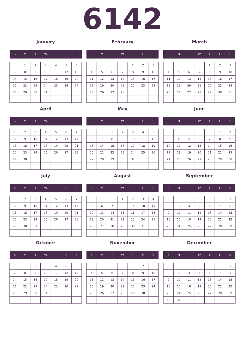 Printable 6142 Year Calendars aubergine