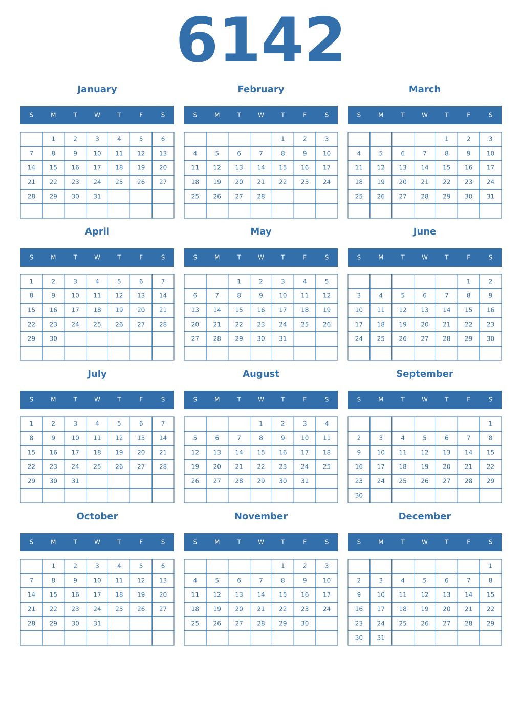 Printable 6142 Year Calendars blue