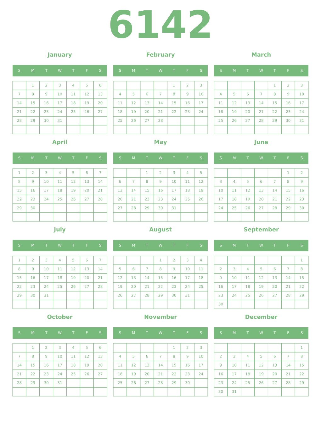 Printable 6142 Year Calendars celadon