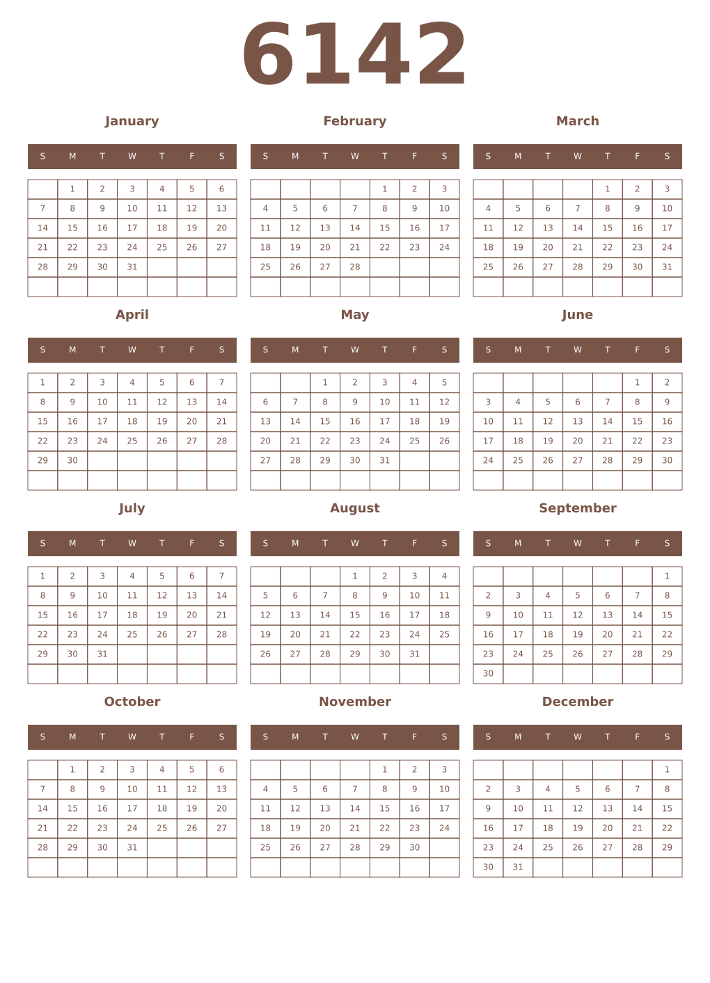 Printable 6142 Year Calendars coffe