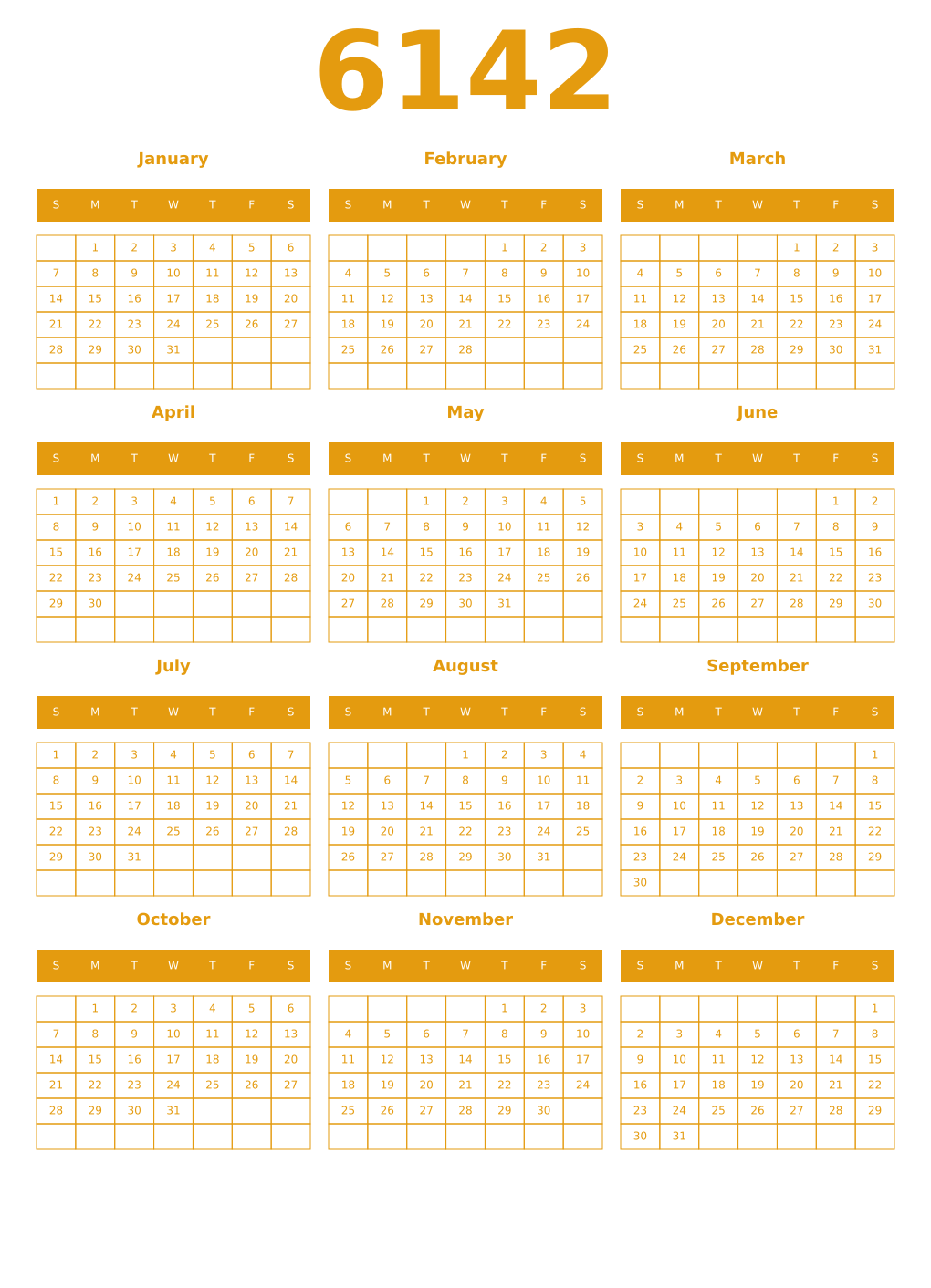 Printable 6142 Year Calendars gamboge