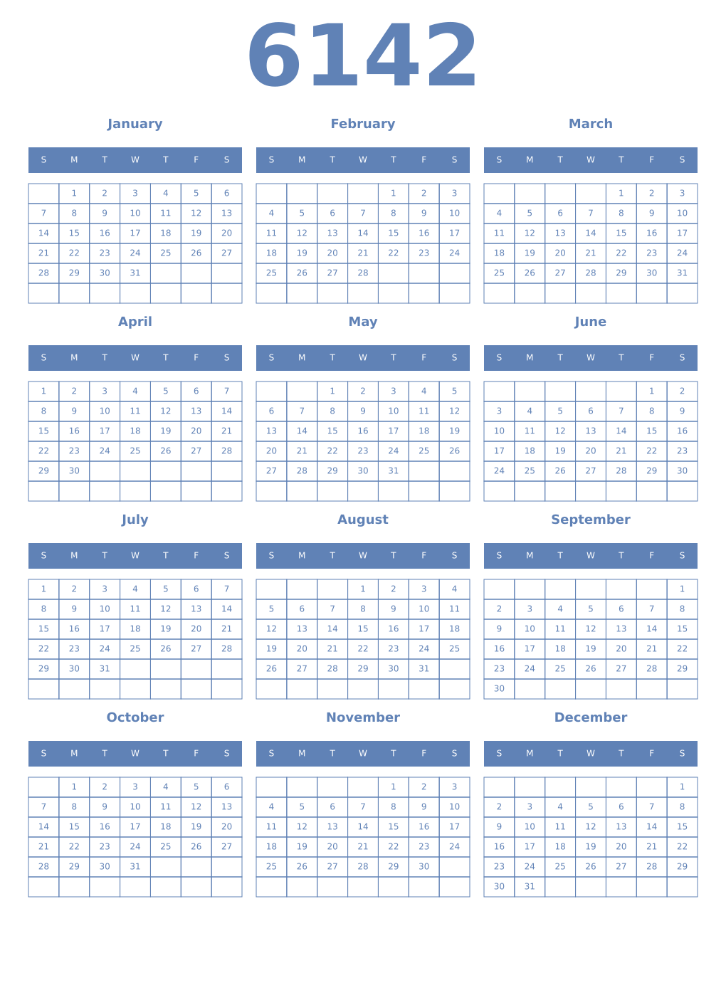 Printable 6142 Year Calendars glaucous