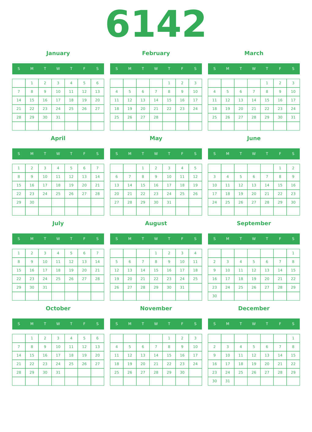 Printable 6142 Year Calendars green