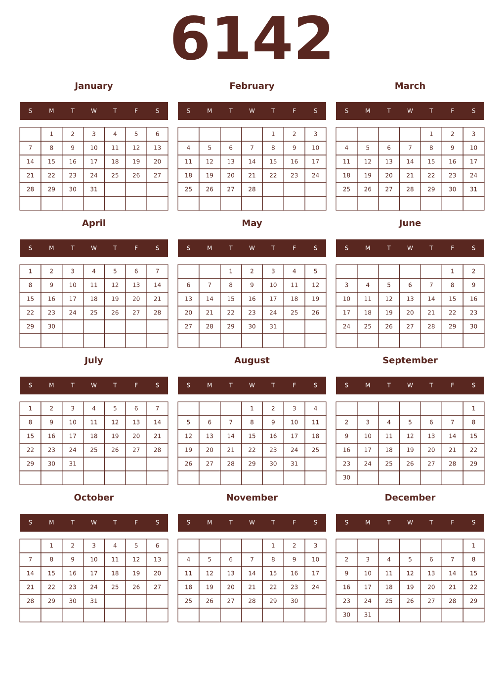 Printable 6142 Year Calendars mortuum