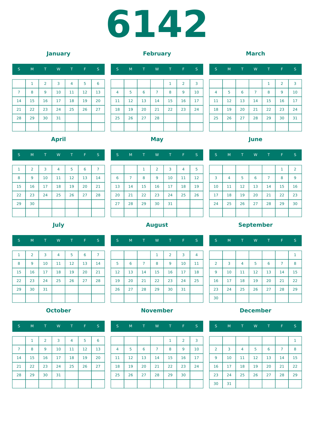 Printable 6142 Year Calendars pastel