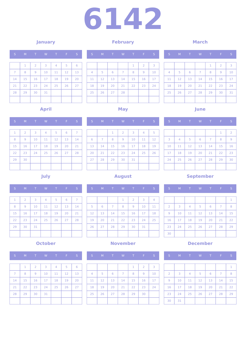 Printable 6142 Year Calendars periwinkle