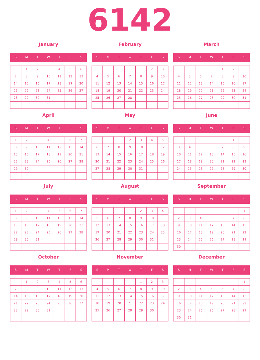 Printable 6142 Year Calendars pink
