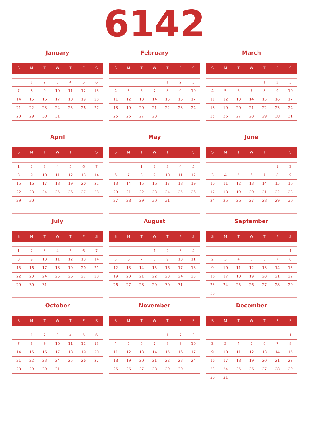Printable 6142 Year Calendars red