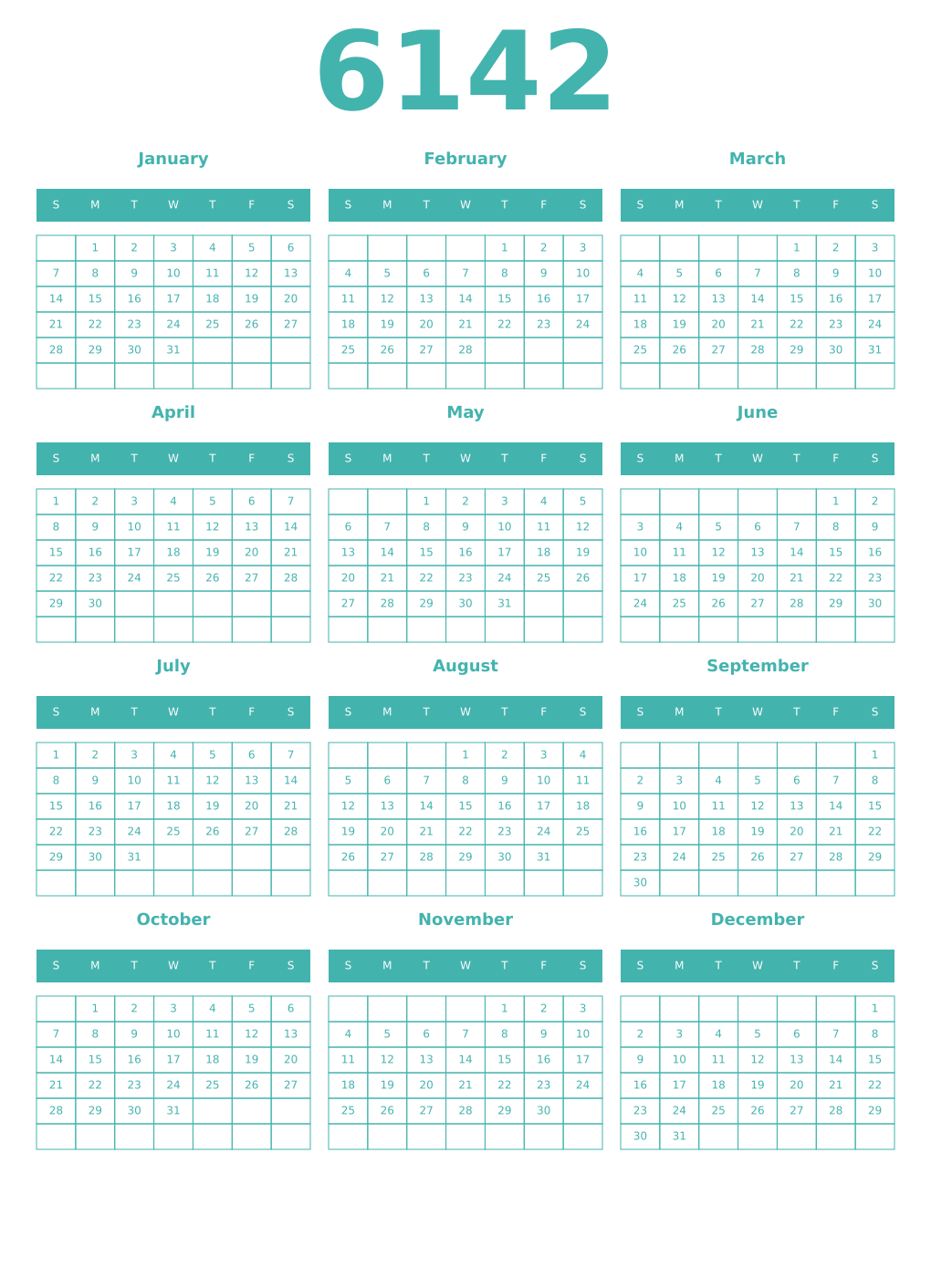 Printable 6142 Year Calendars verdigris