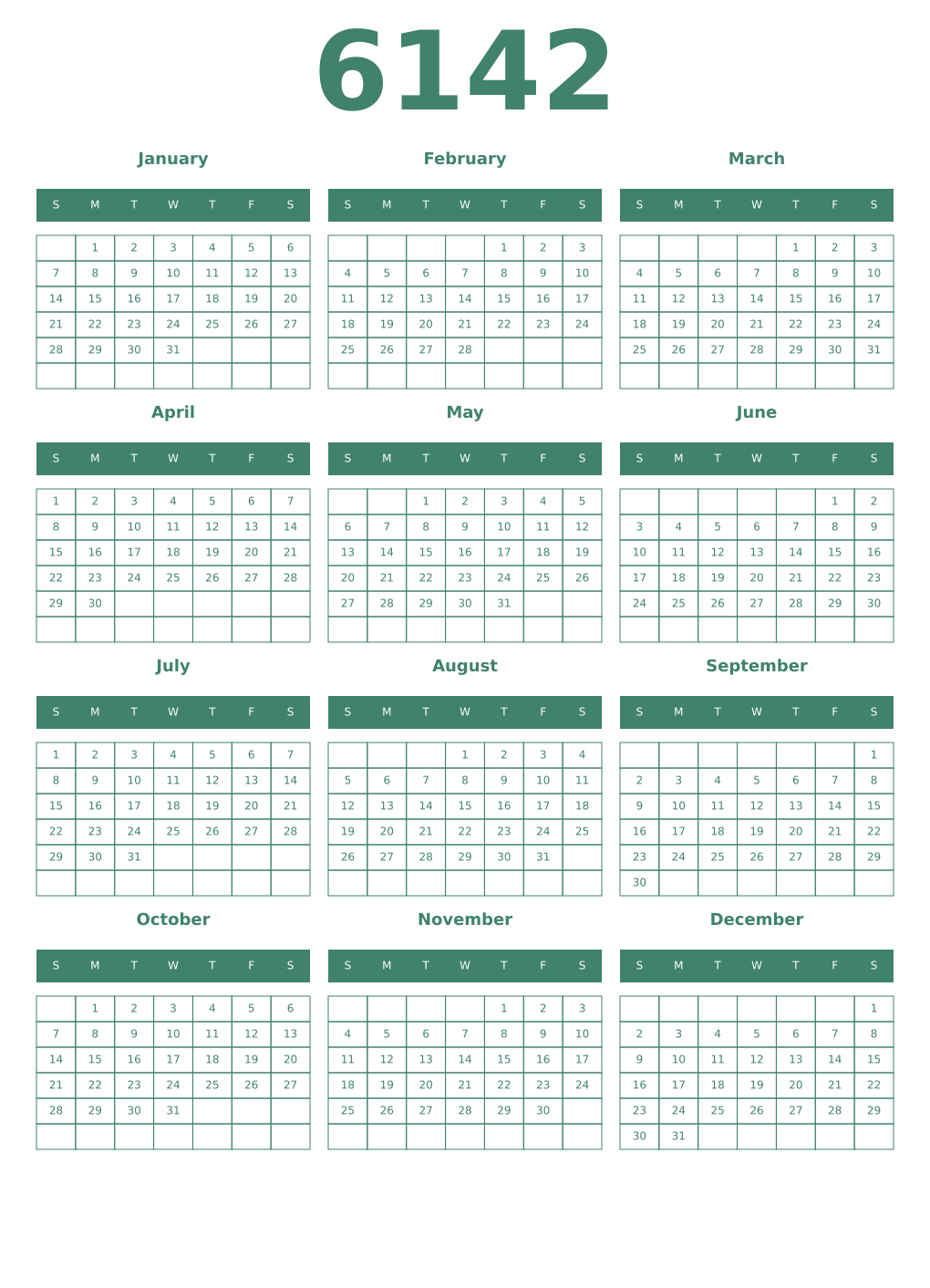 Printable 6142 Year Calendars viridian