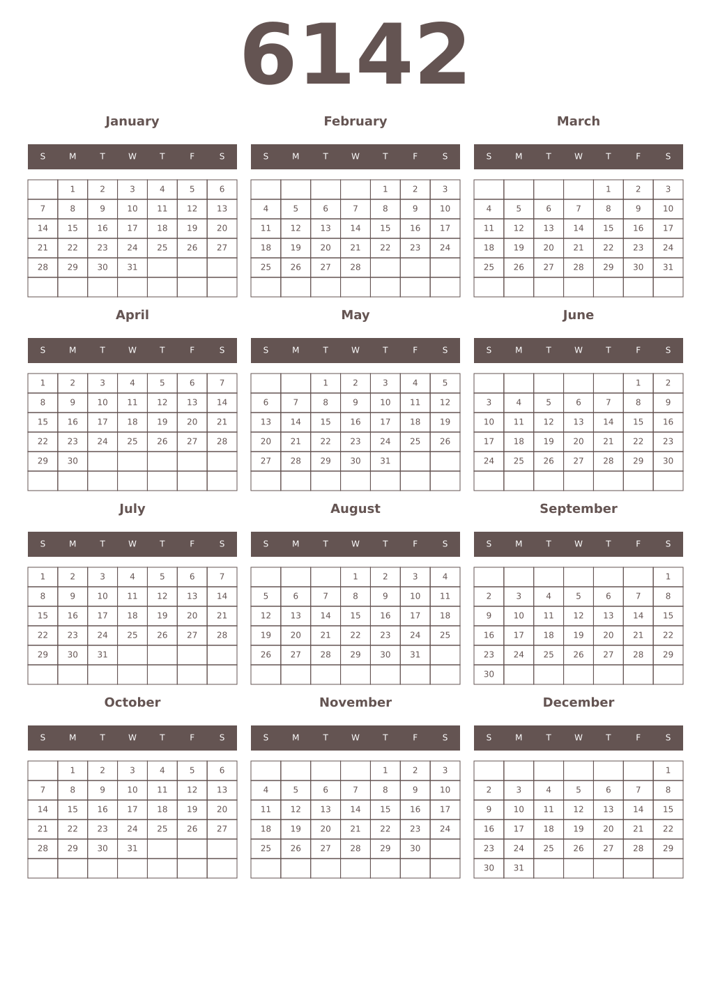 Printable 6142 Year Calendars wenge