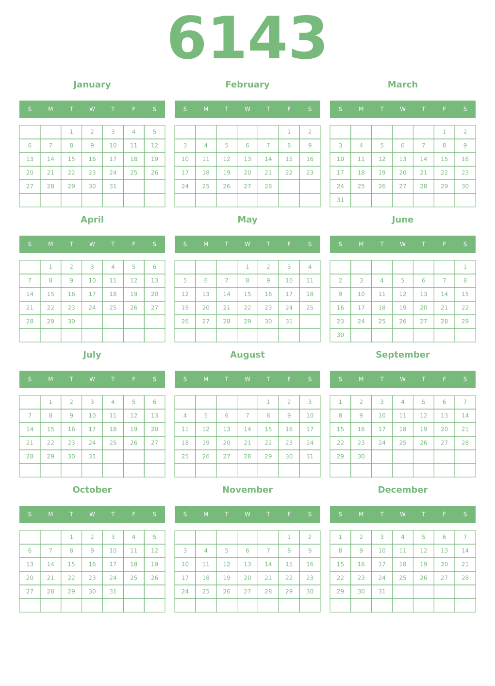 Printable 6143 Year Calendars celadon