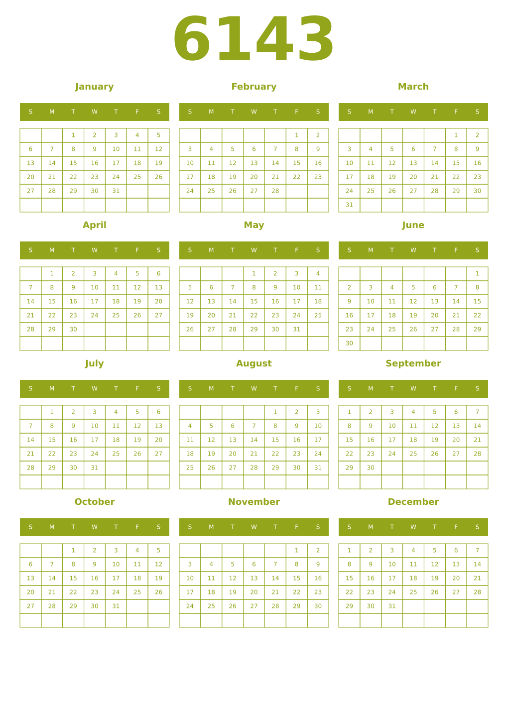 Printable 6143 Year Calendars chartreuse