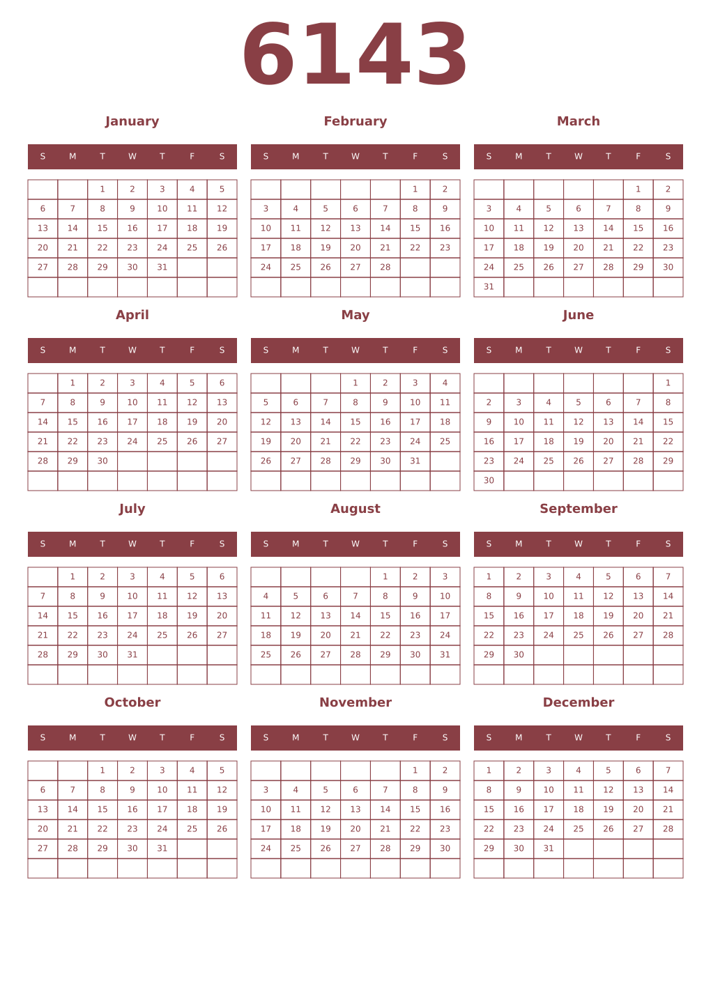 Printable 6143 Year Calendars cordovan