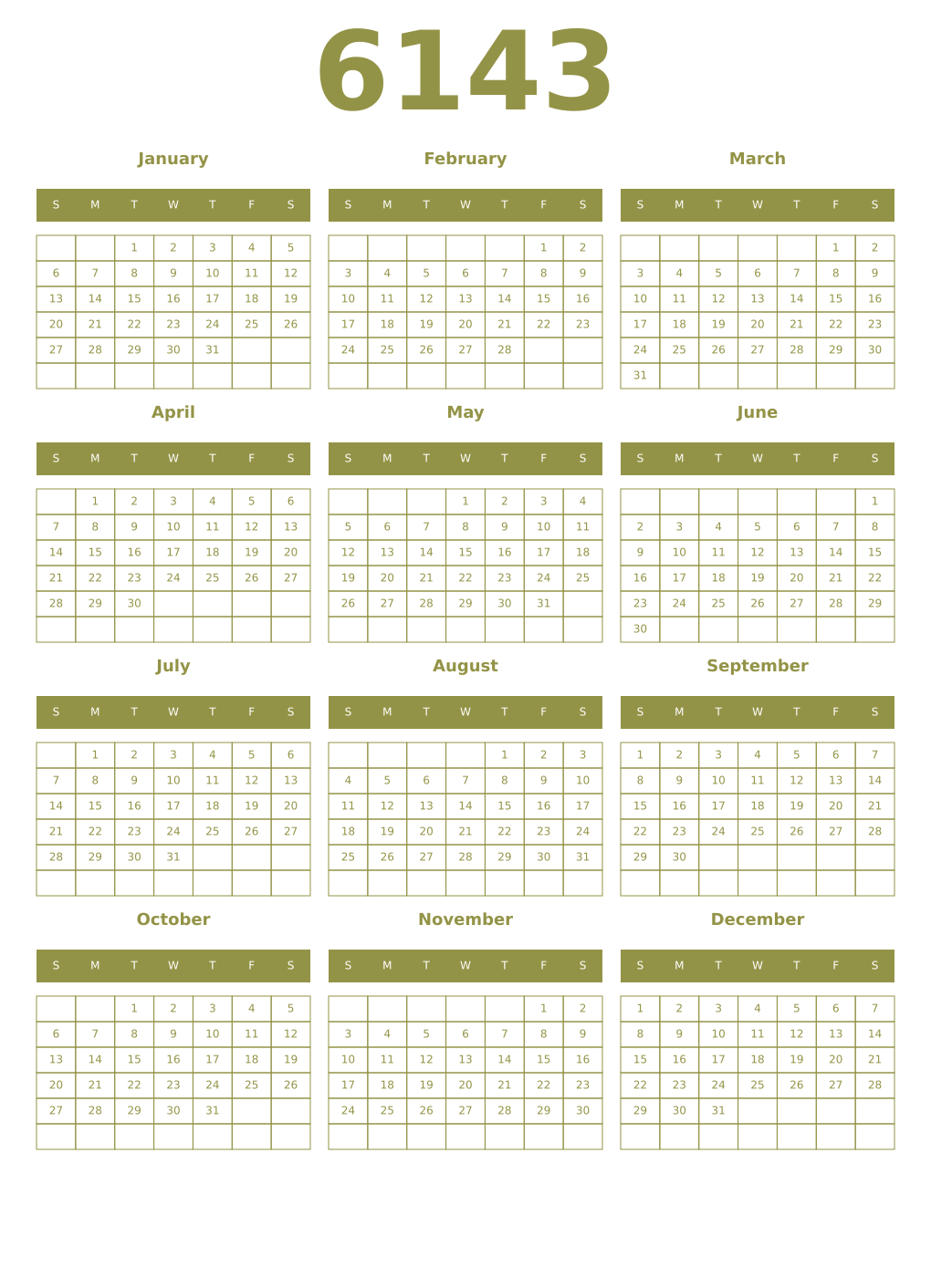 Printable 6143 Year Calendars eburnean