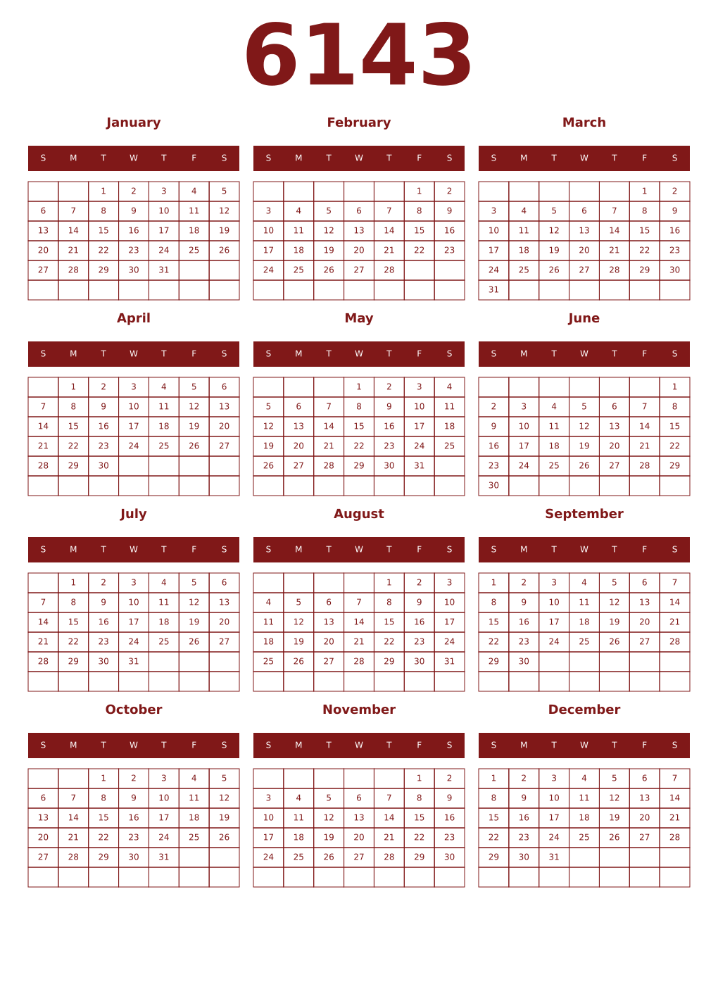 Printable 6143 Year Calendars falu