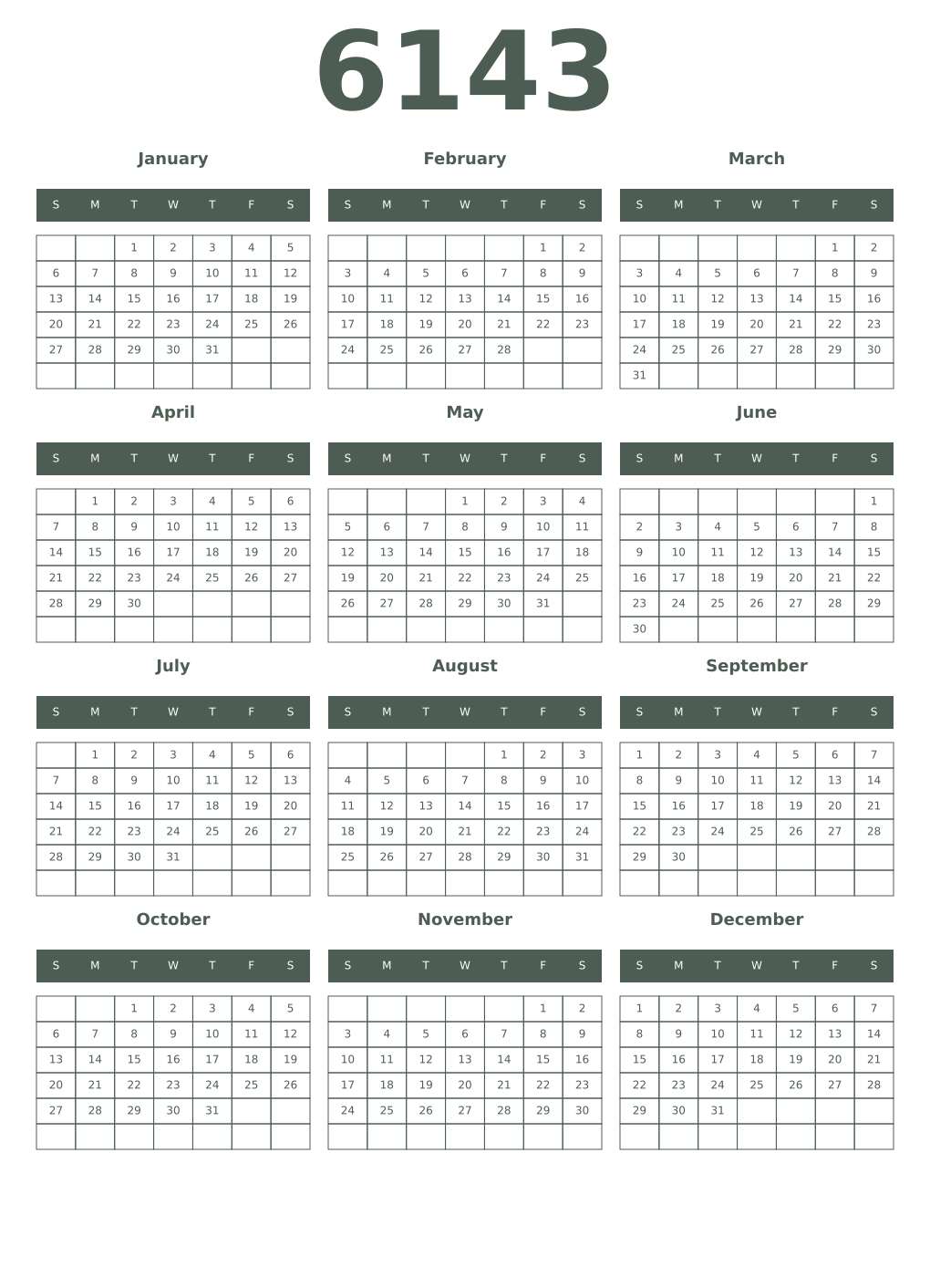 Printable 6143 Year Calendars feldgrau