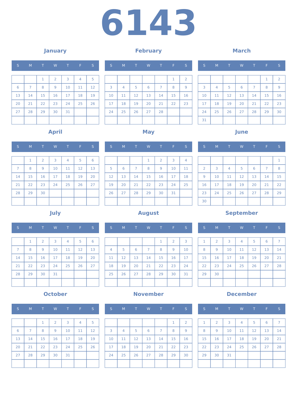 Printable 6143 Year Calendars glaucous