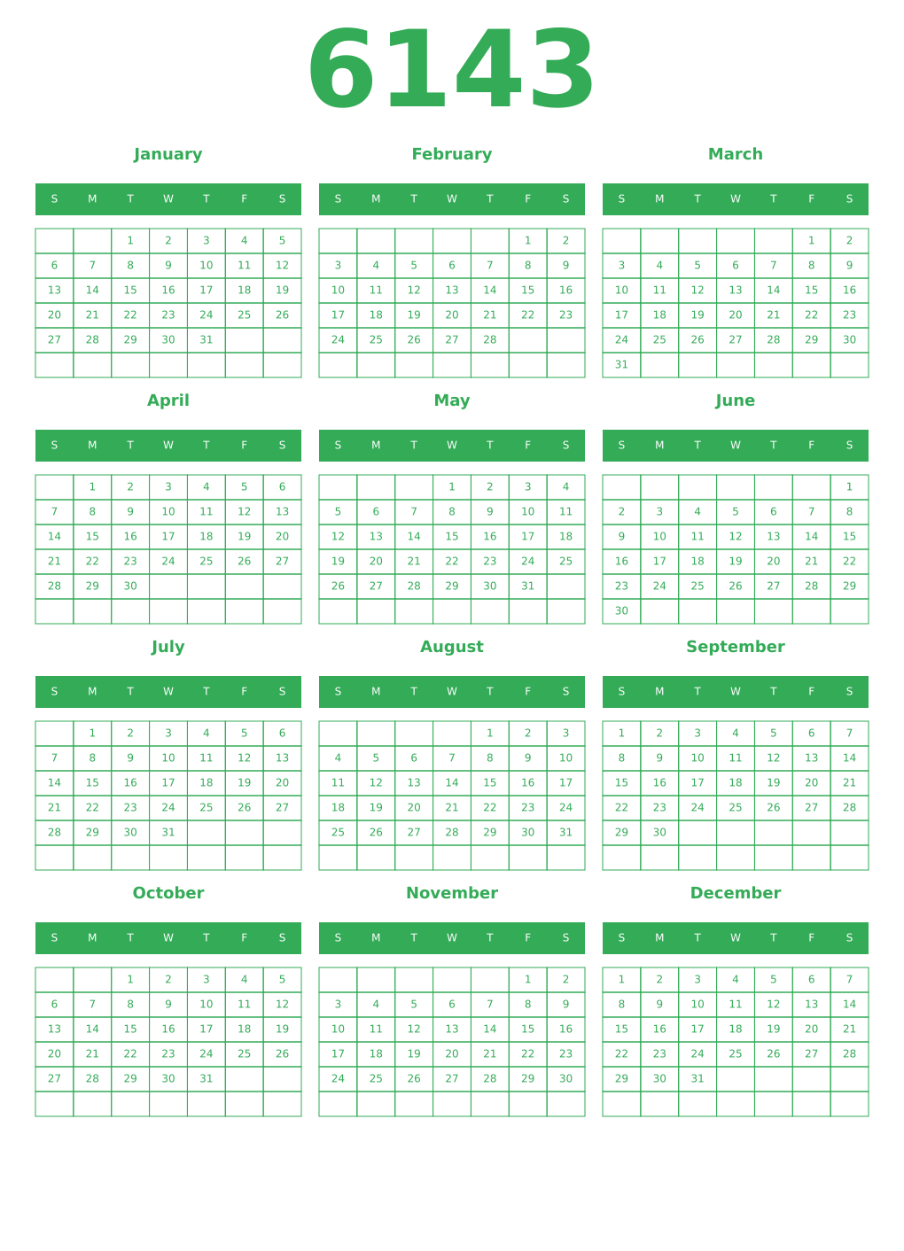 Printable 6143 Year Calendars green