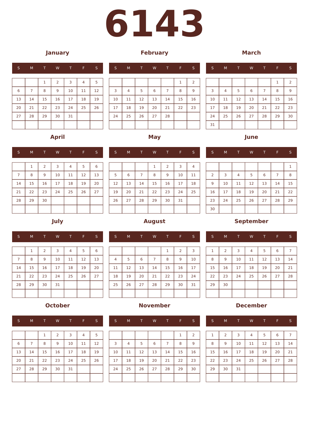 Printable 6143 Year Calendars mortuum