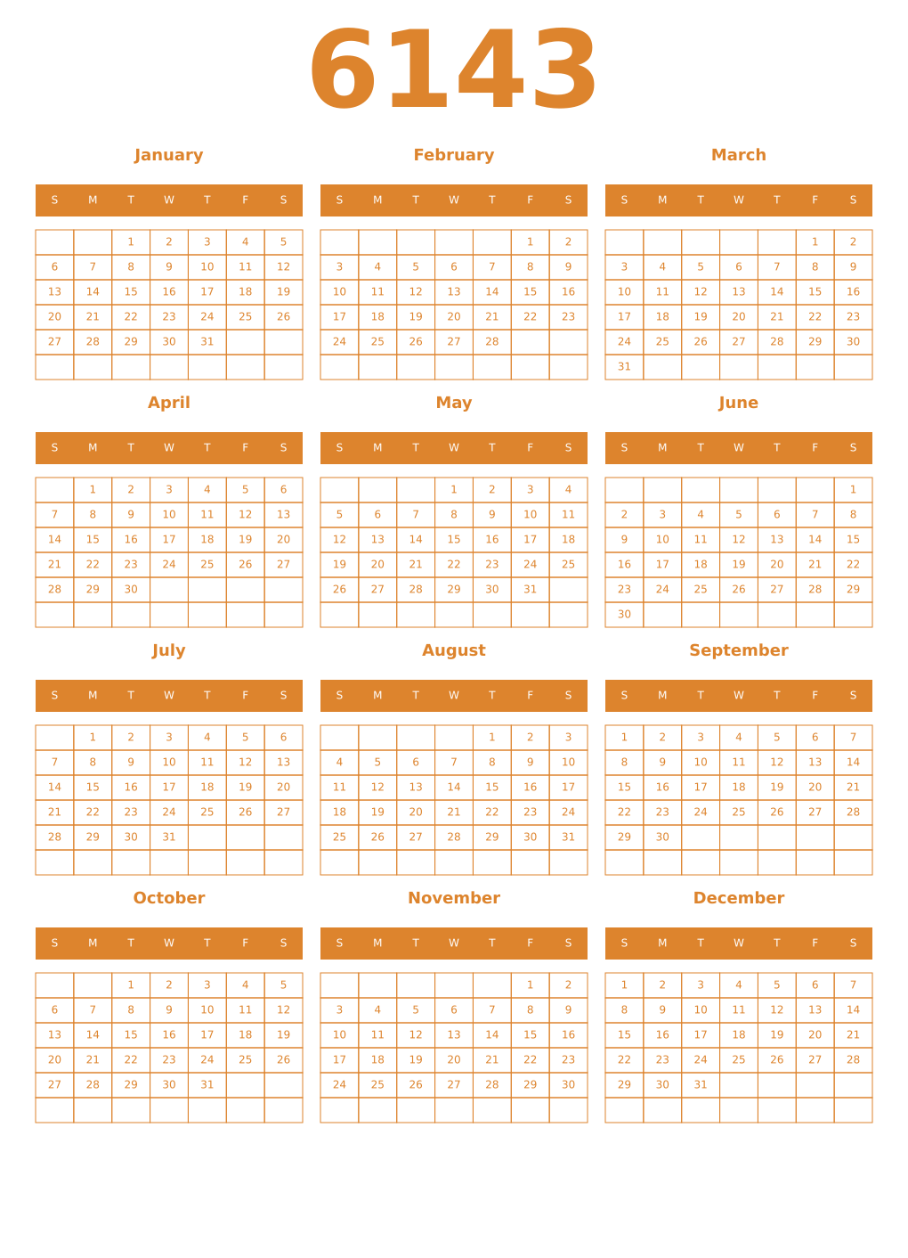 Printable 6143 Year Calendars orange