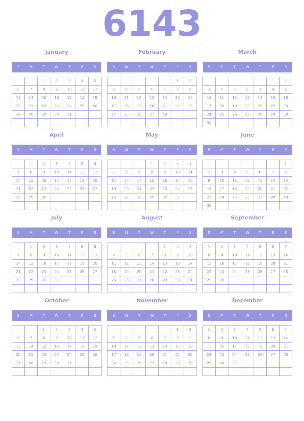 Printable 6143 Year Calendars periwinkle
