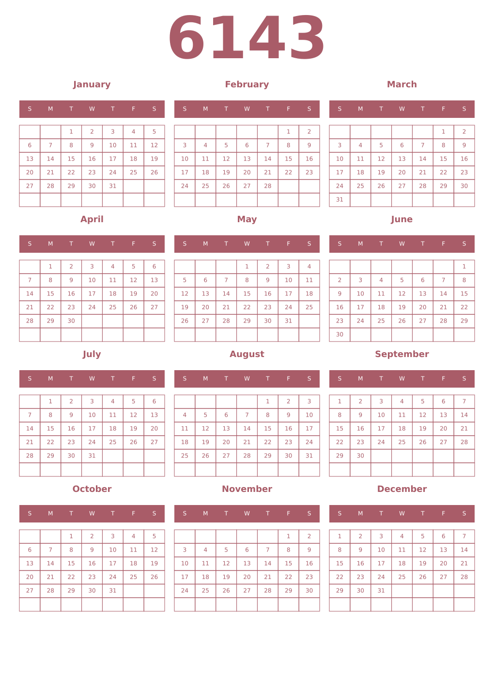 Printable 6143 Year Calendars puce