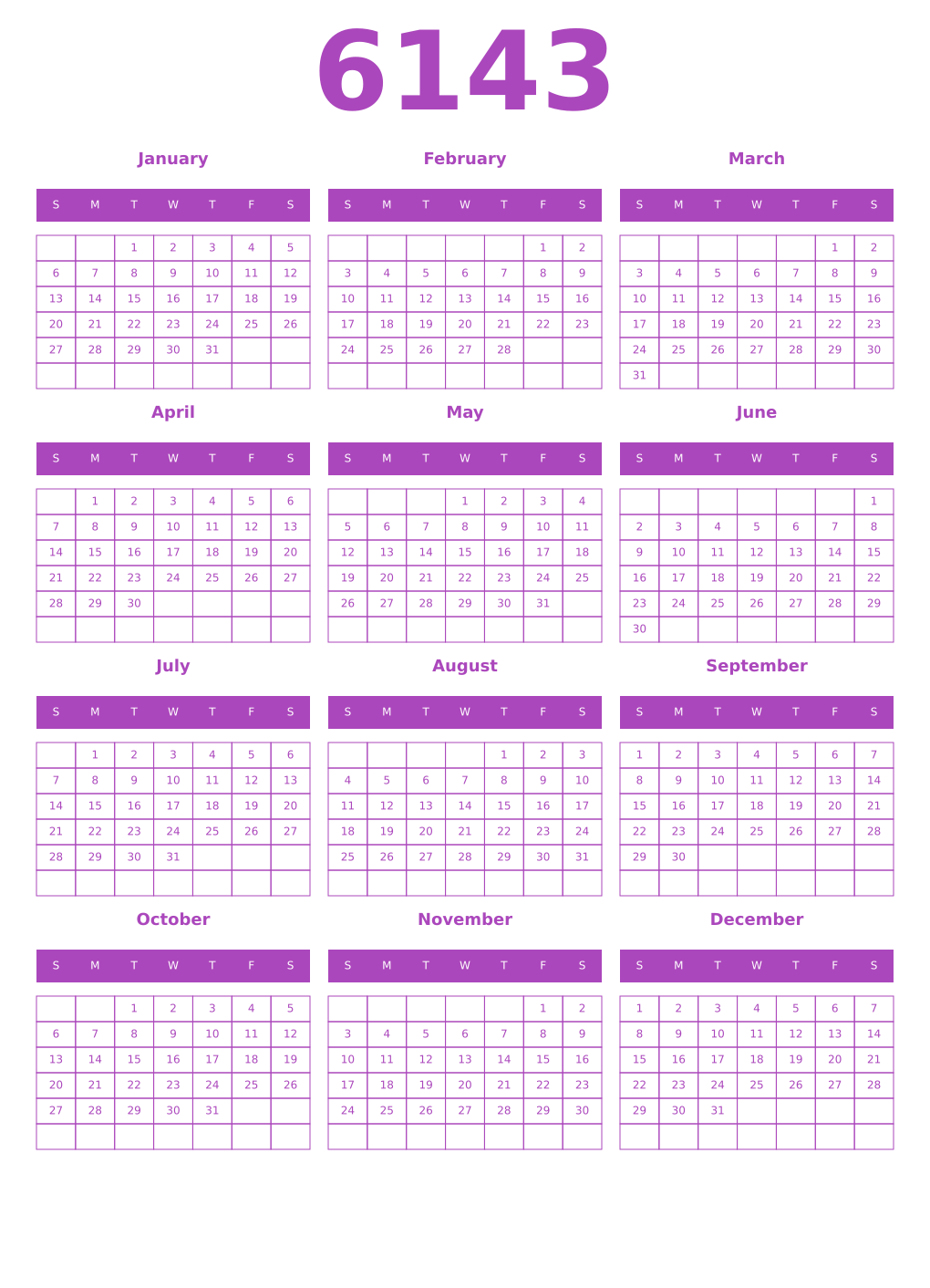 Printable 6143 Year Calendars purple