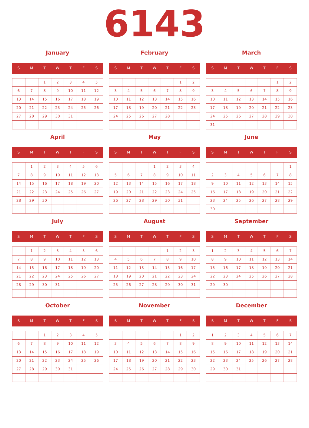 Printable 6143 Year Calendars red
