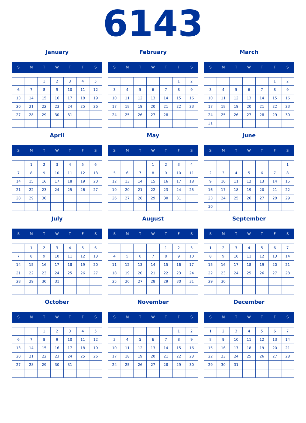 Printable 6143 Year Calendars smalt