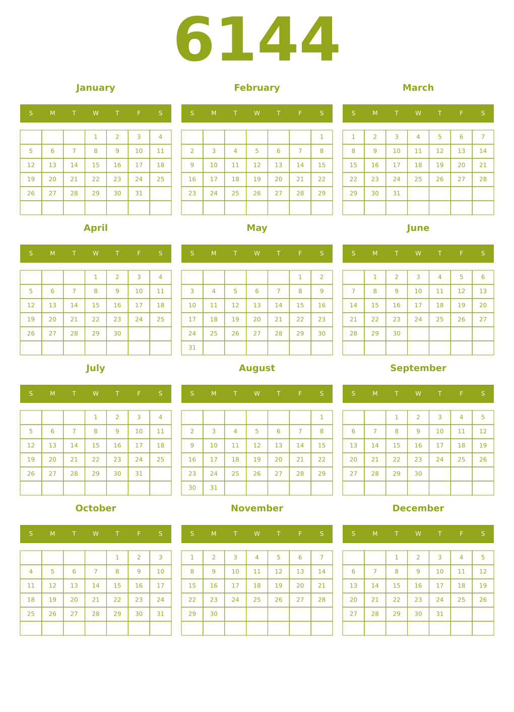 Printable 6144 Year Calendars chartreuse