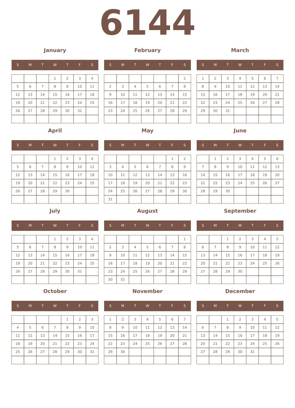 Printable 6144 Year Calendars coffe