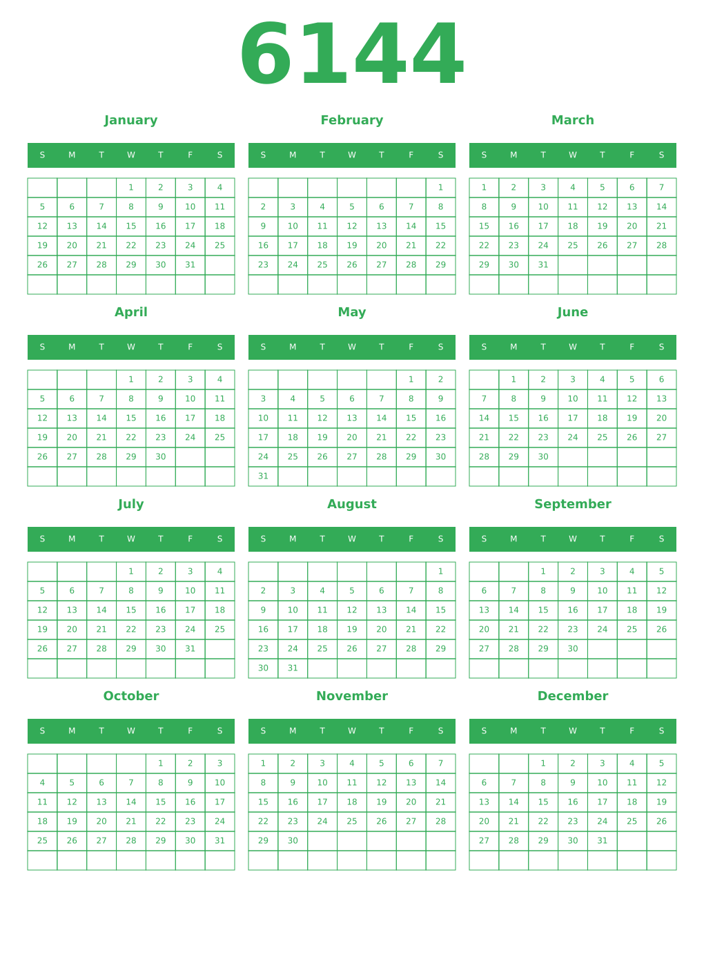 Printable 6144 Year Calendars green