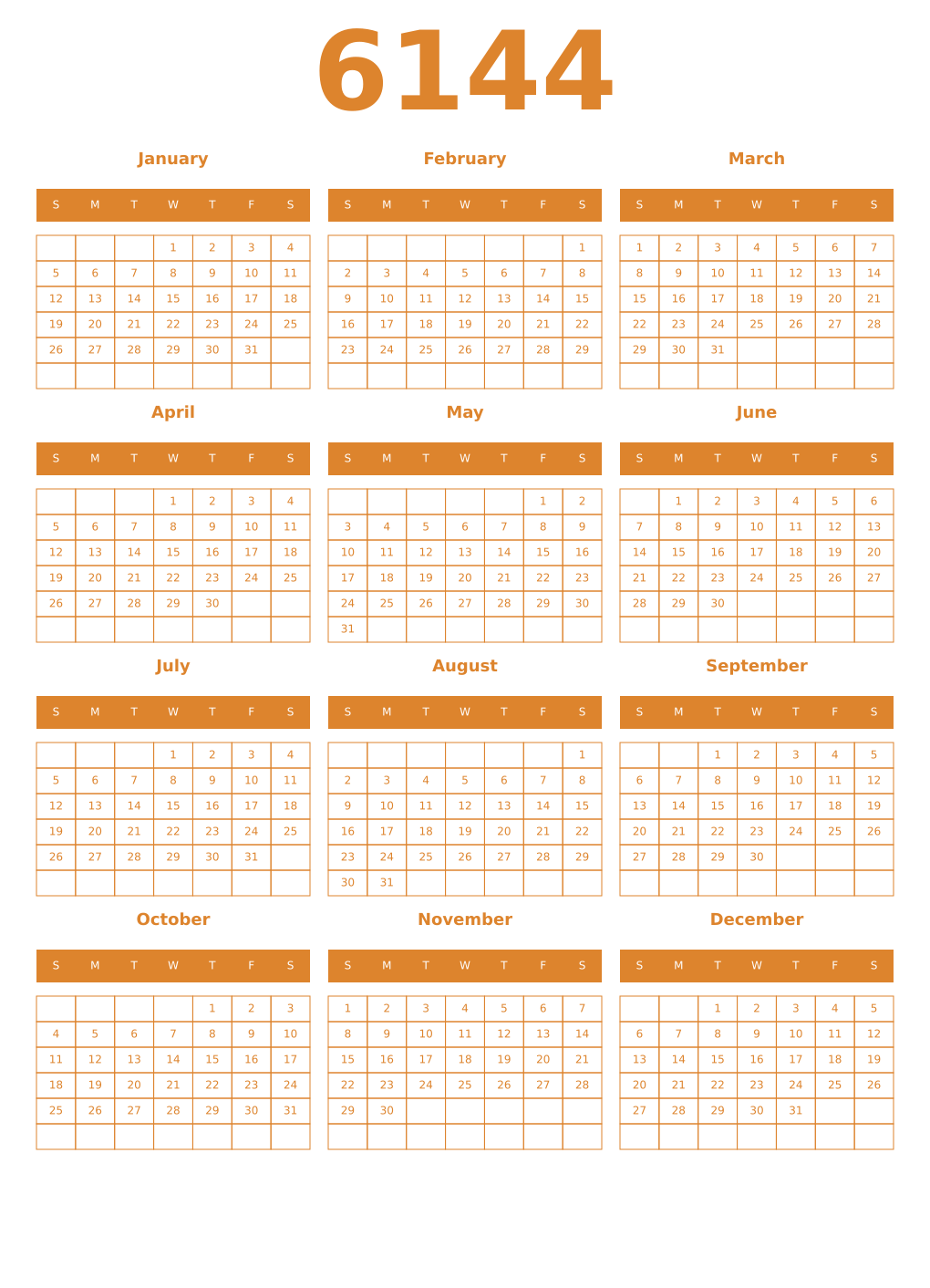 Printable 6144 Year Calendars orange