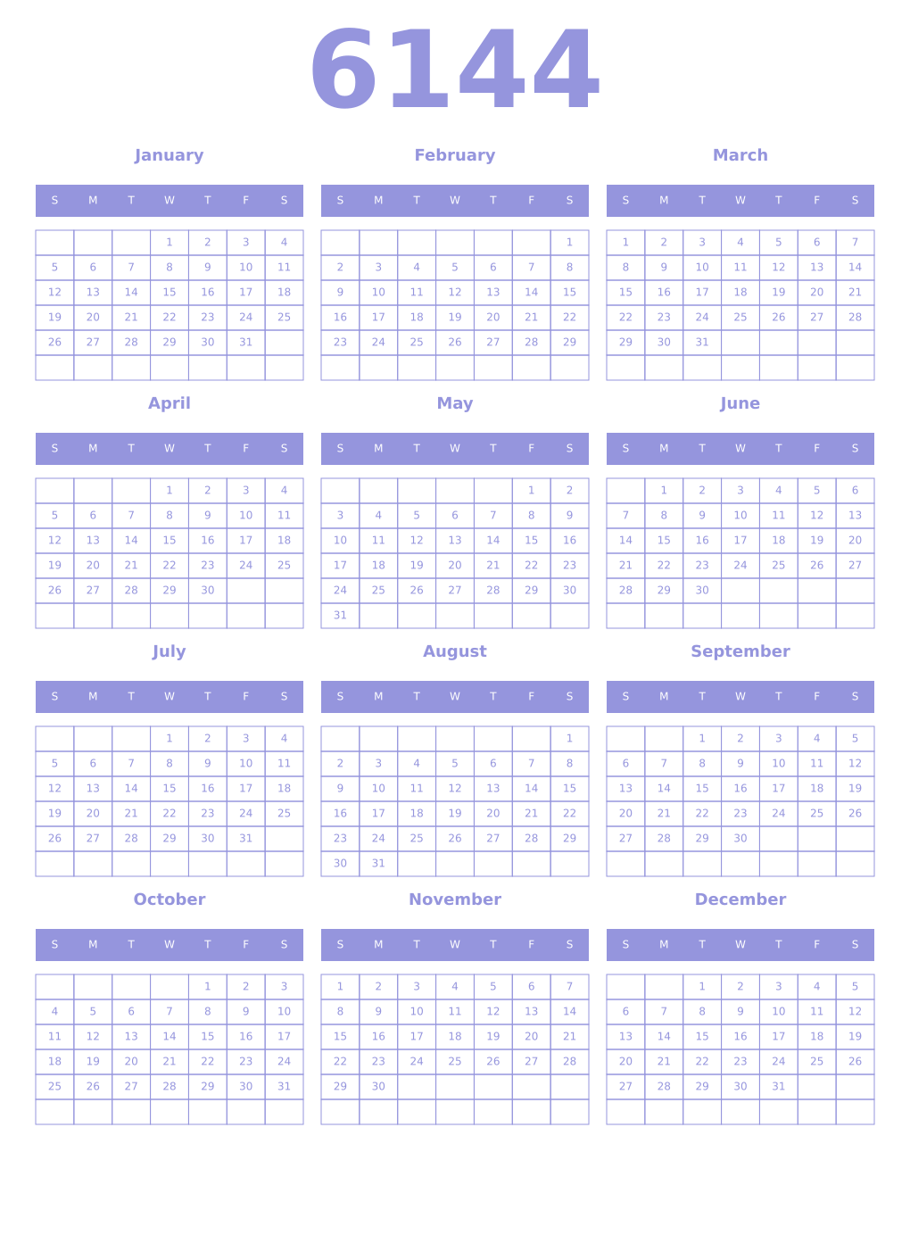Printable 6144 Year Calendars periwinkle