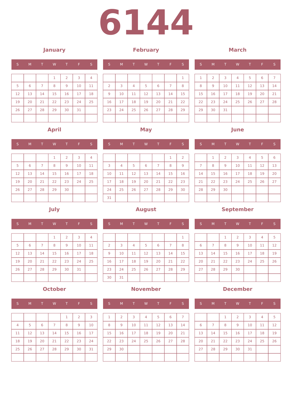 Printable 6144 Year Calendars puce