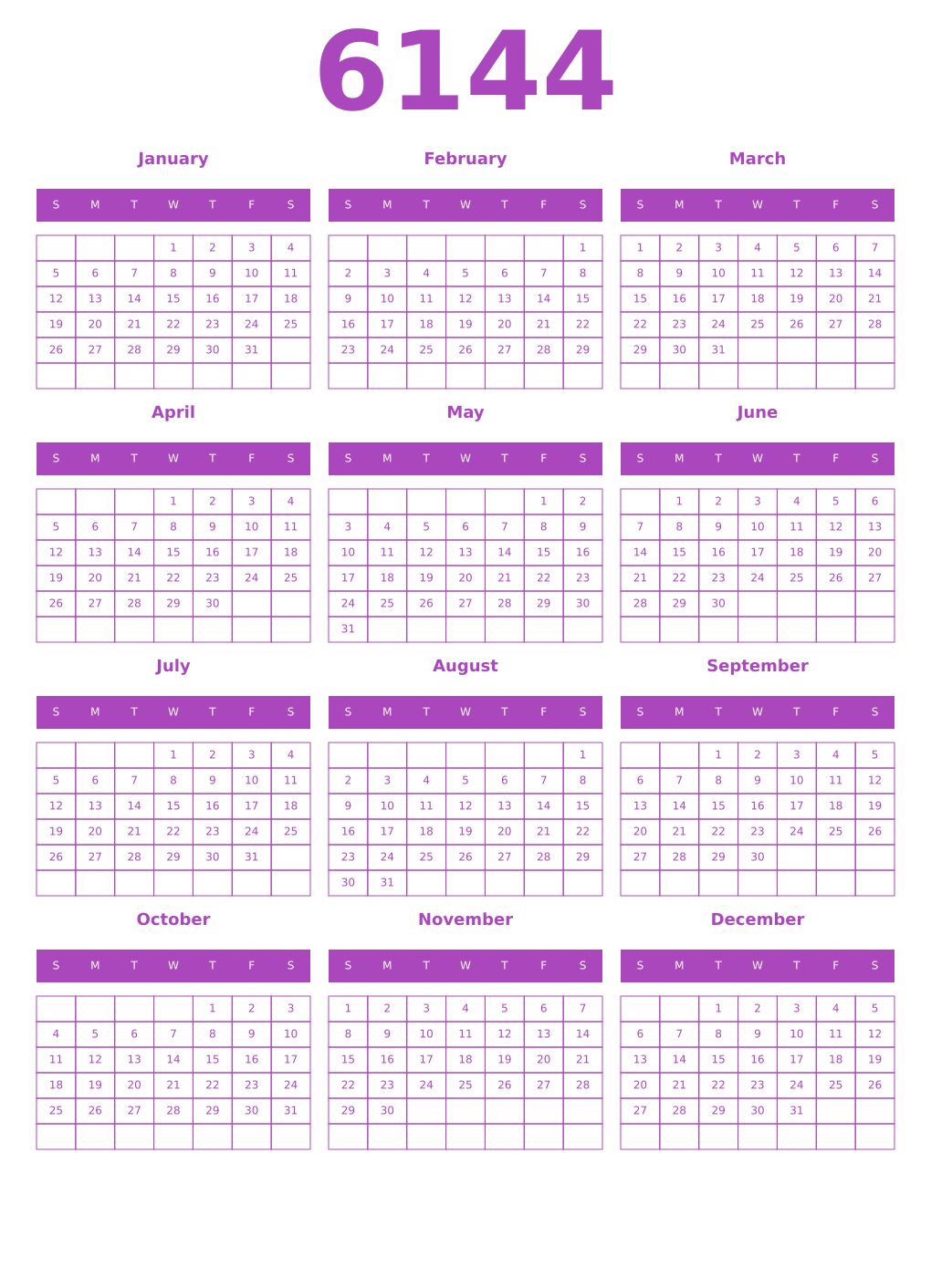 Printable 6144 Year Calendars purple