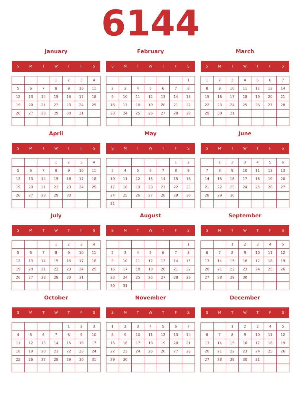Printable 6144 Year Calendars red